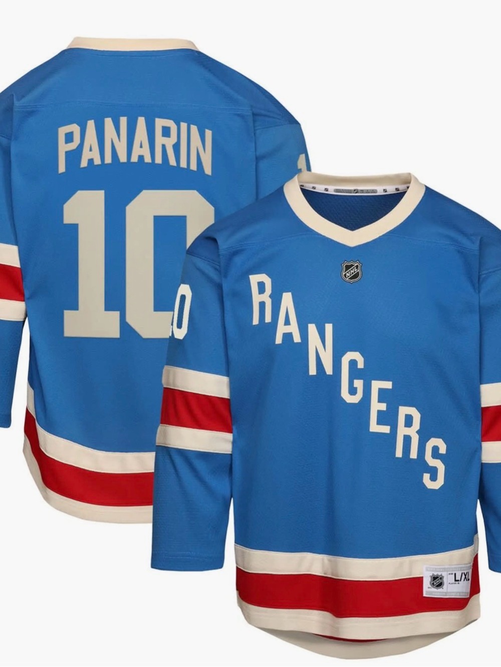 NHL Kids Blue Rangers Panarin #10 Jersey with Red and Cream Accents